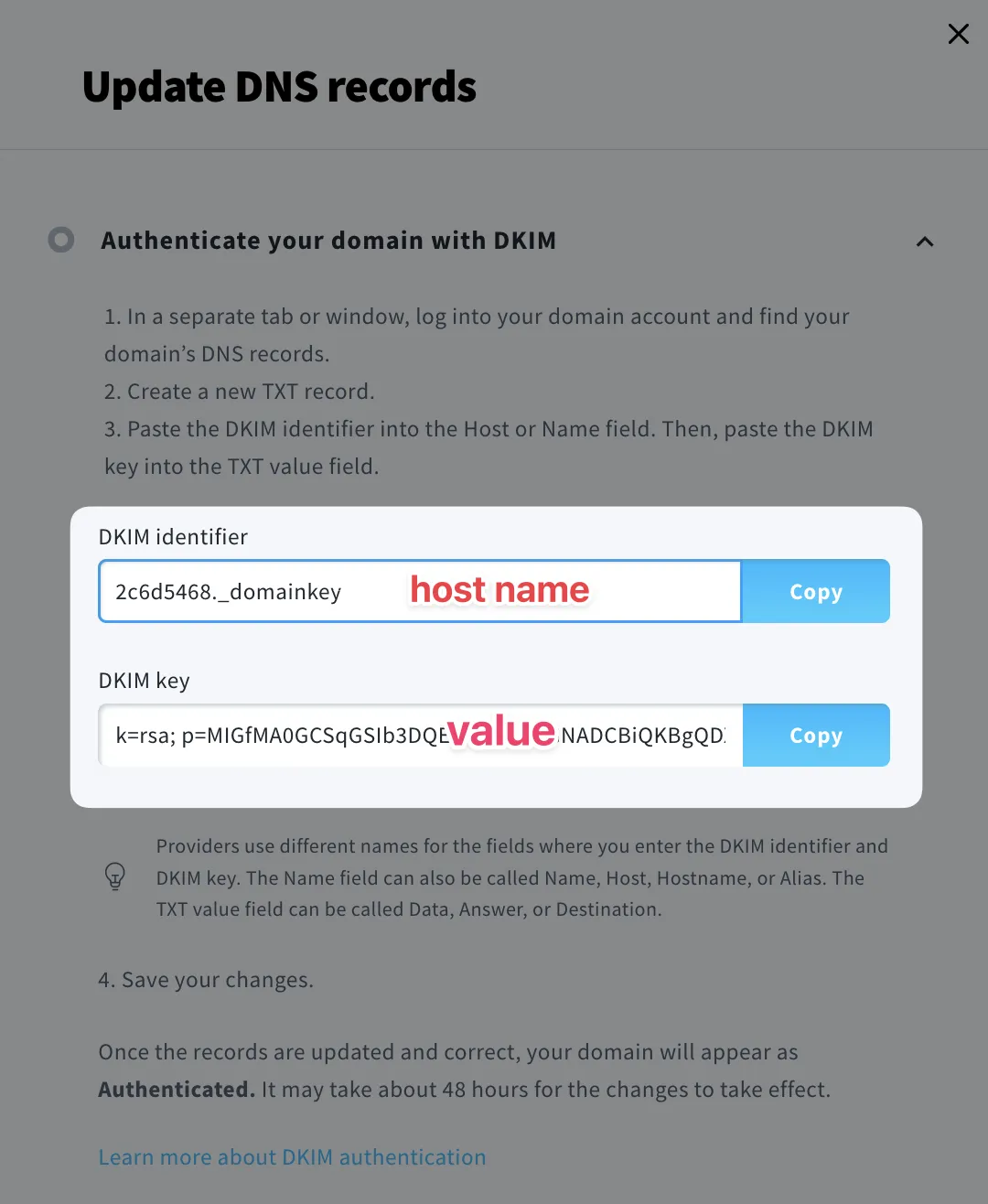 GetResponse DKIM configuration popup window displaying DKIM identifier and key for DNS record setup and email authentication implementation